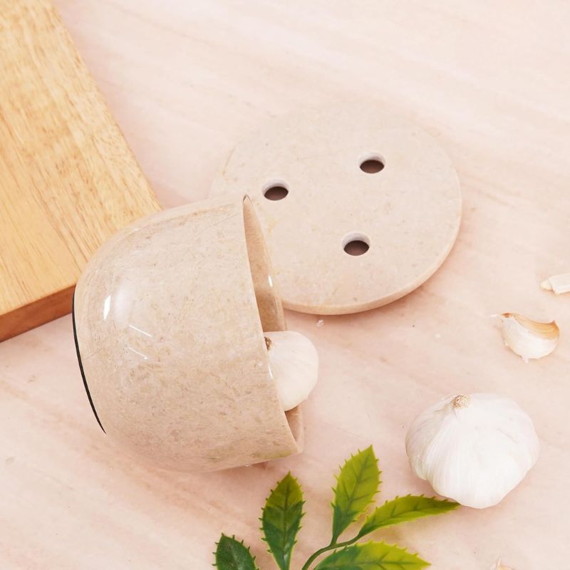 Marble Garlic Keeper White 4.5" Garlics Storage Container, Onion and Garlic Storage
