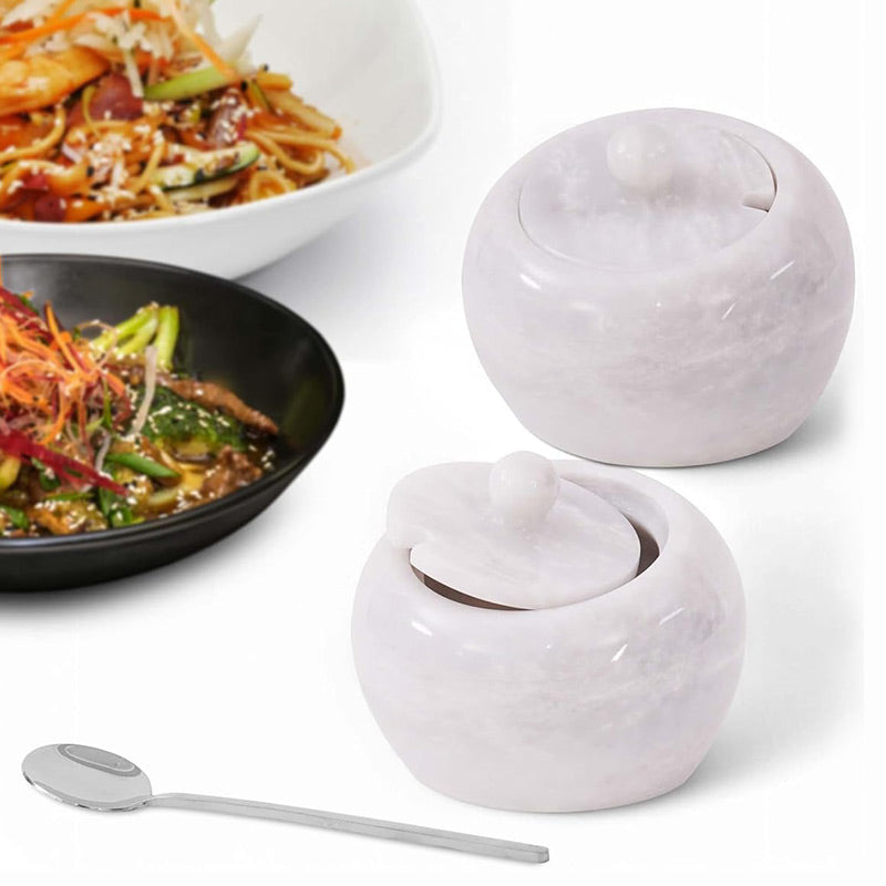 Marble Salt Cellar With Lid 4" Salt Containers for Countertop - Modern Stone Salt Holder, Spice Jar